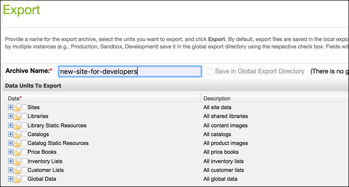 Business Manager の [Site Import &amp; Export (サイトのインポート &amp; エクスポート)] ページ