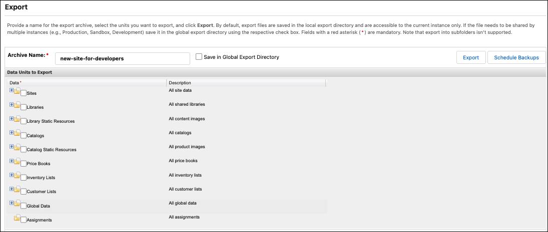Business Manager の [Site Import & Export (サイトのインポート & エクスポート)] ページ