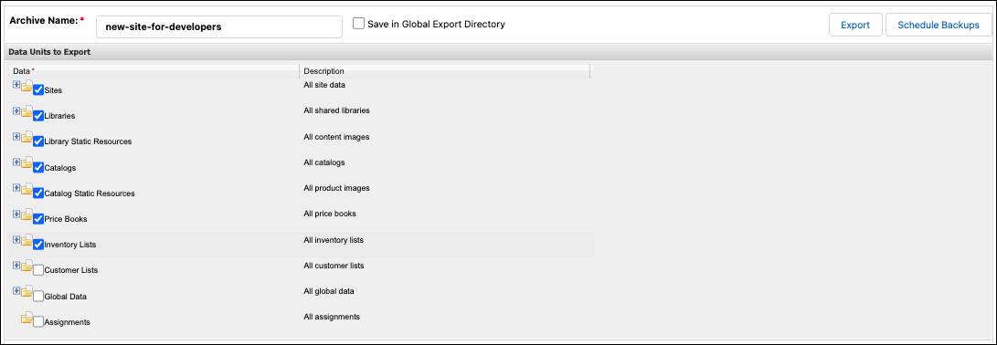 Business Manager の [Site Import & Export (サイトのインポート & エクスポート)] ページで、データセクションを選択します。