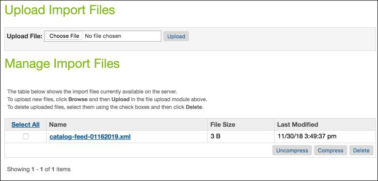 in Business Manager, select the file to be imported and compress the file.