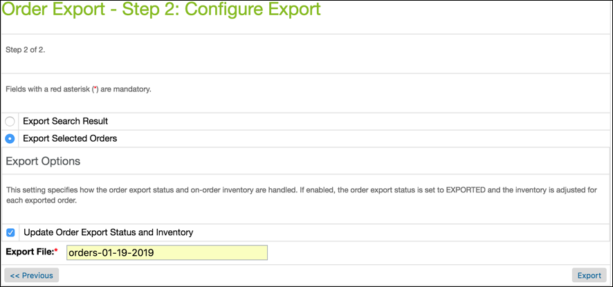 In Business Manager, enter the order export file name and click Export.