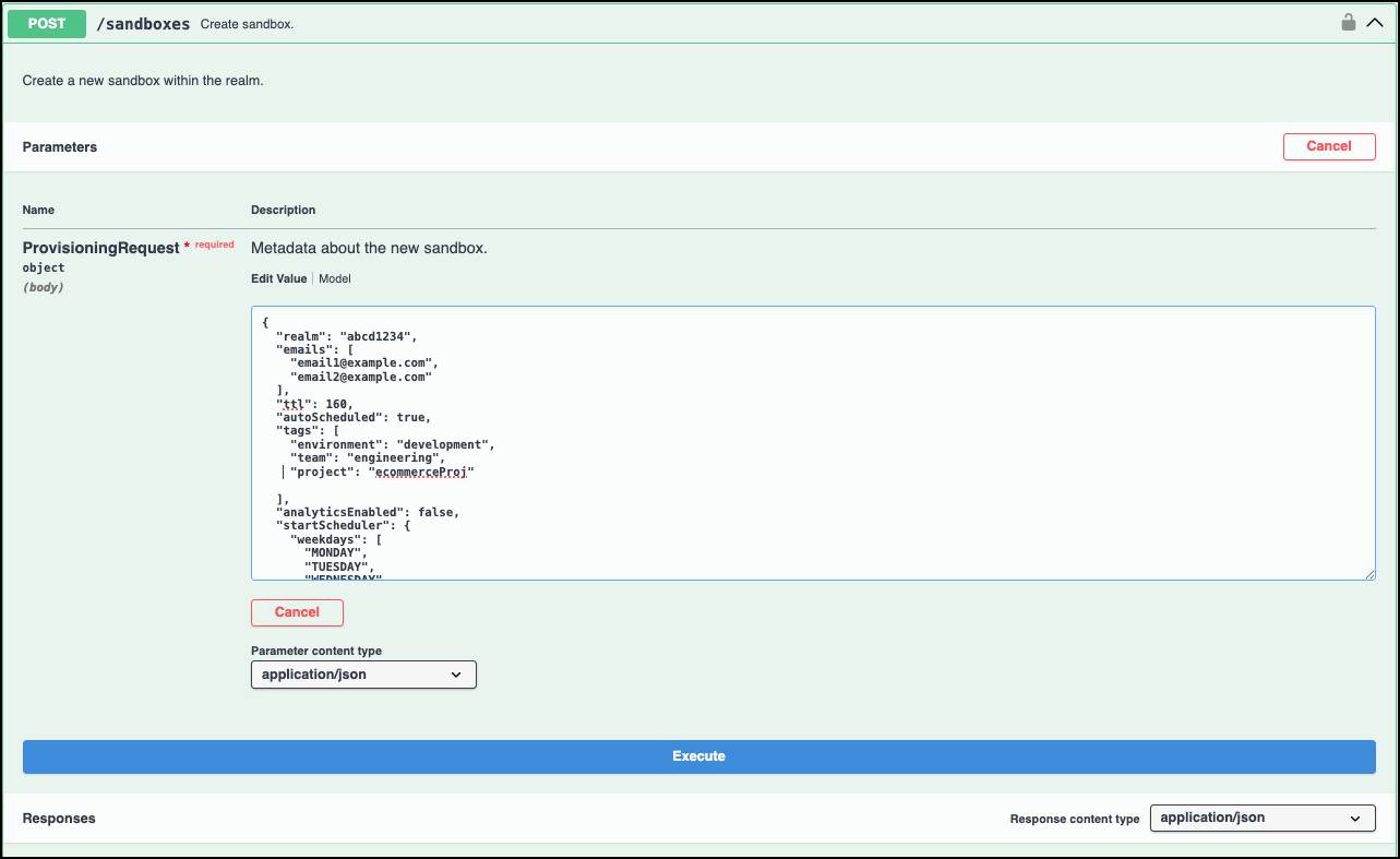 Interface do Swagger da API REST da sandbox sob demanda do Commerce for B2C para POST/sandboxes - Create sandbox (Criar sandbox). Insira valores de propriedades e clique em Execute (Executar).
