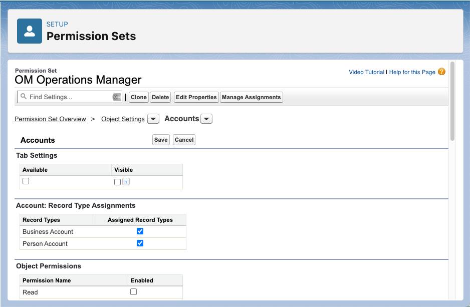 注文管理ユーザーのアクセスを管理する「OM Operations Manager (OM 業務マネージャー)」という権限セットを作成