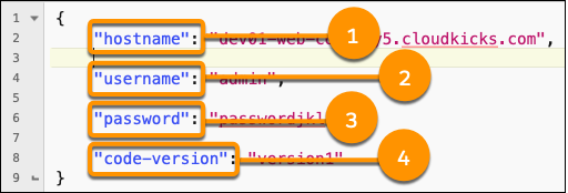 Contents of the dw.json file, with hostname, username, password, and code-version called out.