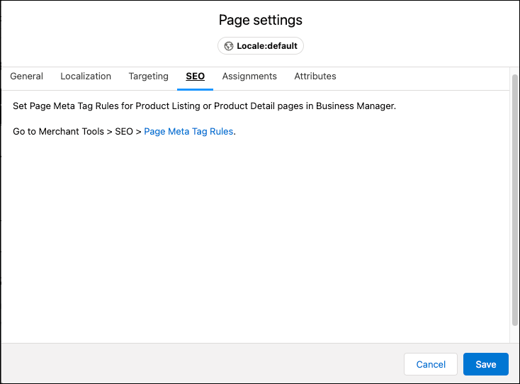 Page Designer で、SEO 設定を選択します。
