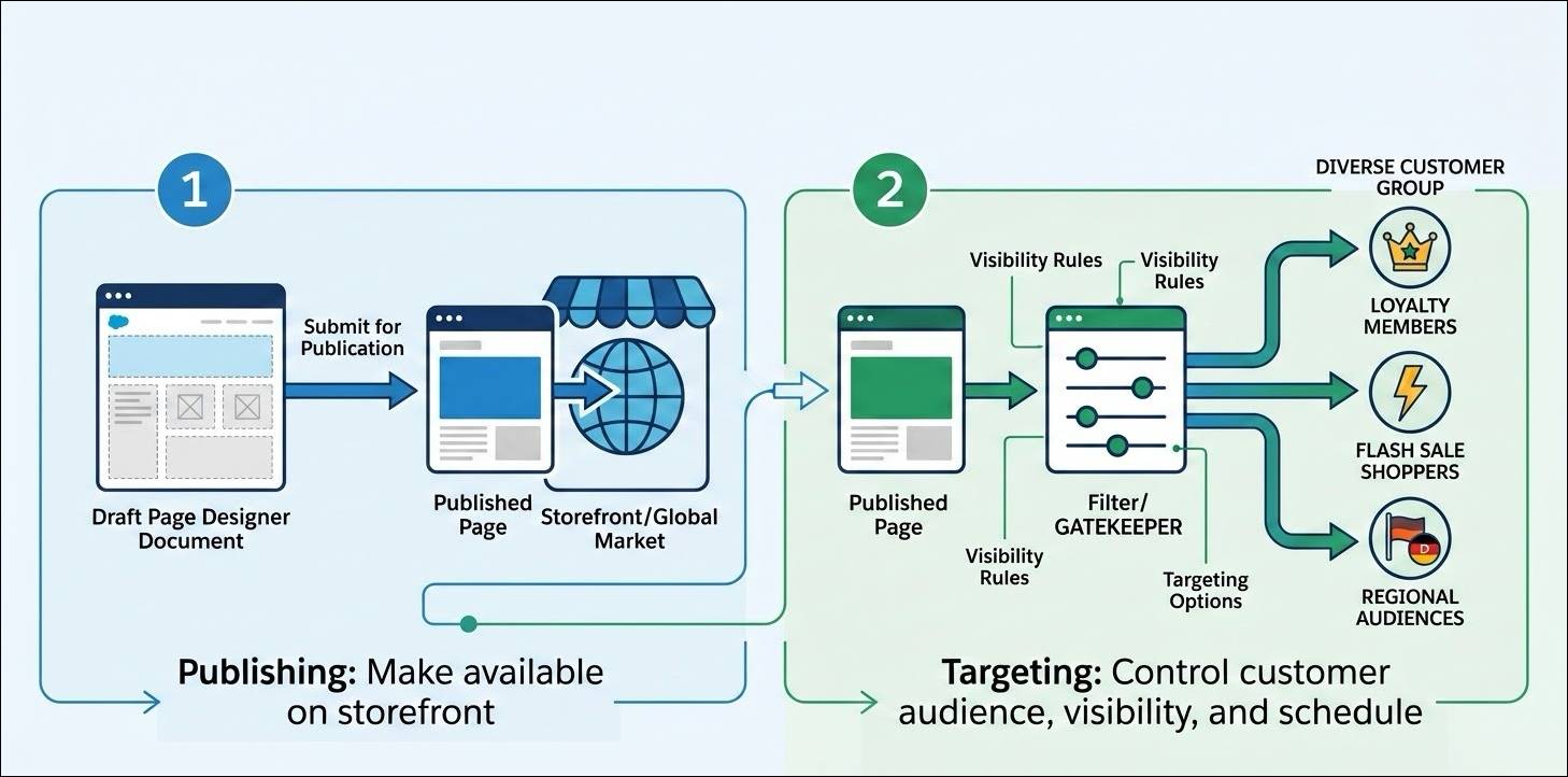 Side-by-side illustrations of the Page Designer publishing and targeting concepts.