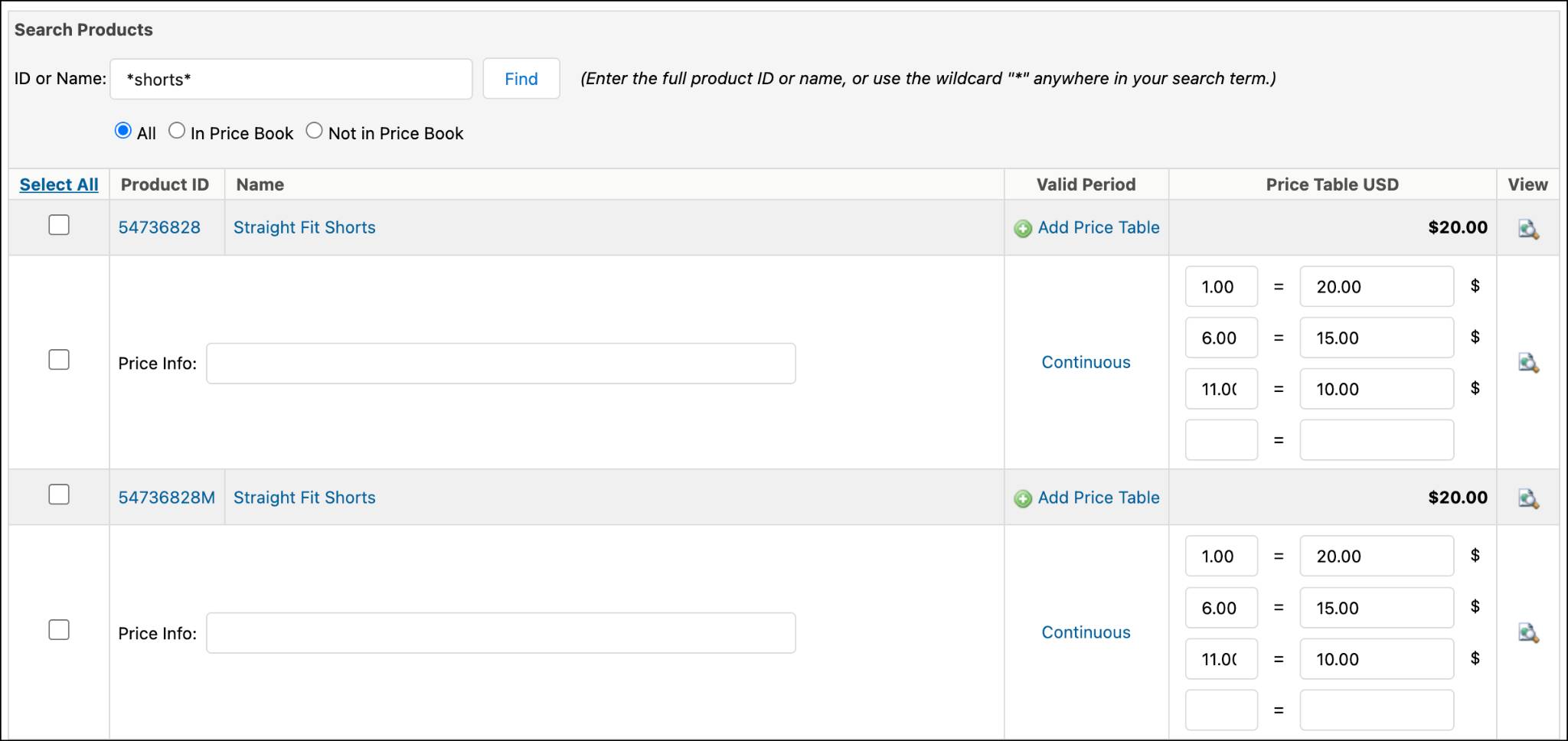 Create a price table in Business Manager.