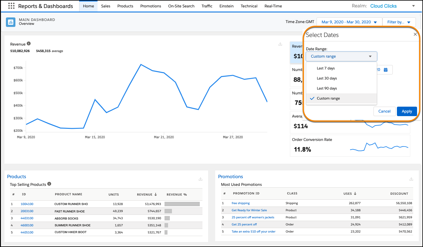 O dashboard principal que mostra o seletor de intervalo de datas.