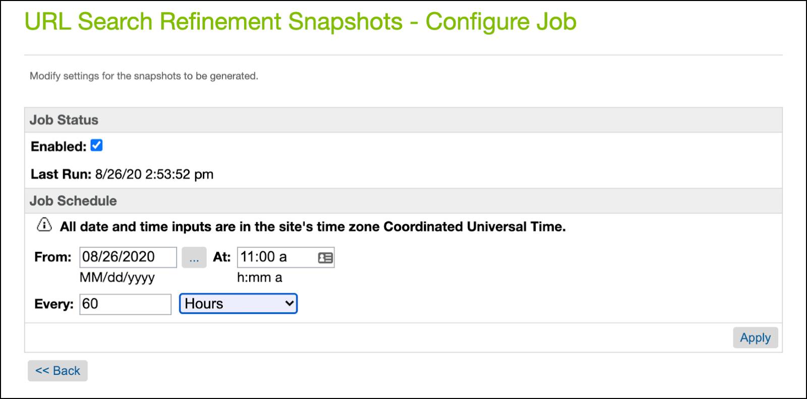 Business Manager, URLs com SEO, configurar um trabalho de instantâneo de refinamento de pesquisa em URLs.