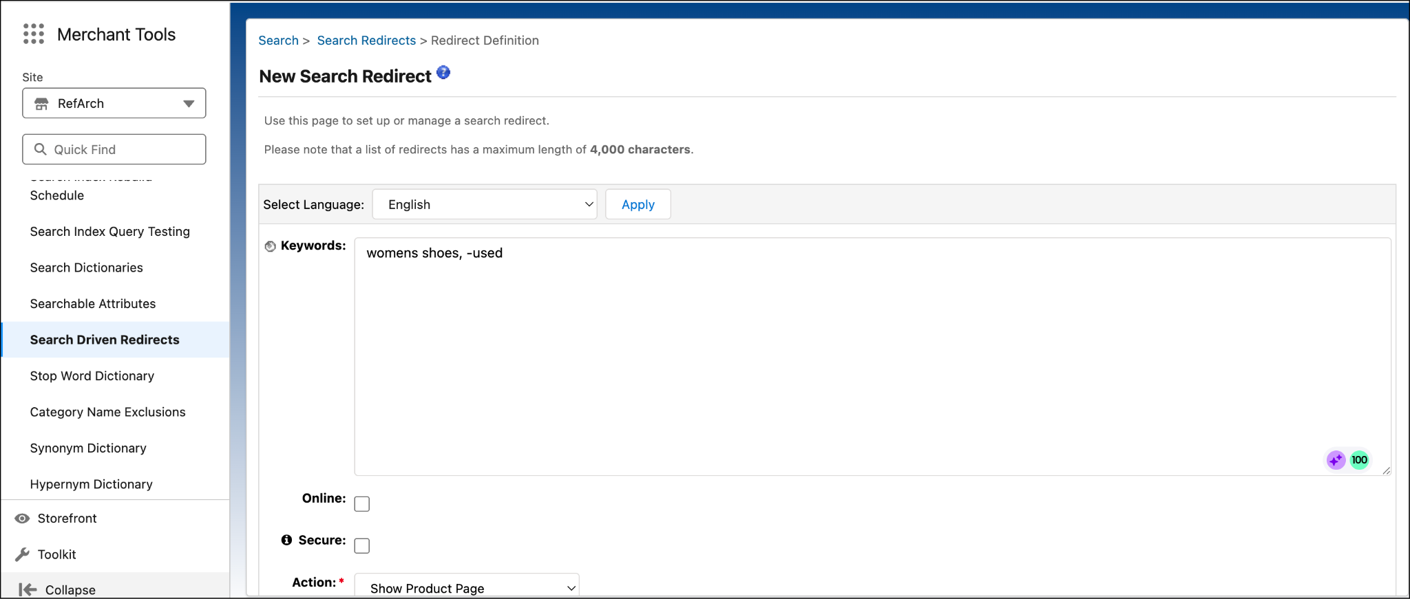 In Business Manager, configure a new search redirect.