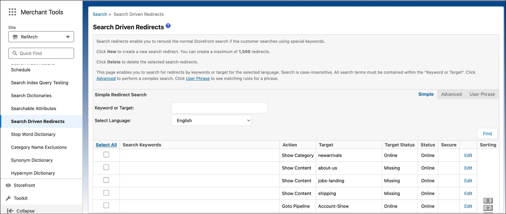 In Business Manager, create and edit search-driven redirects.