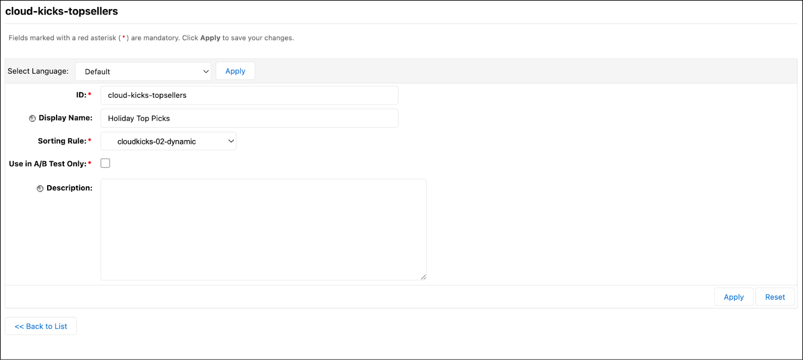 Business Manager の [ストアフロント並べ替えオプション] モジュールで新規並べ替えオプションを作成する。
