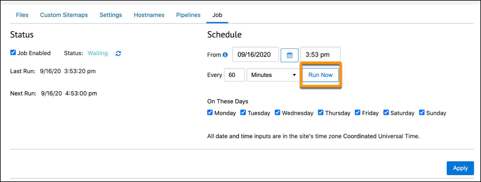 No Business Manager, execute um trabalho manualmente ou agende-o.