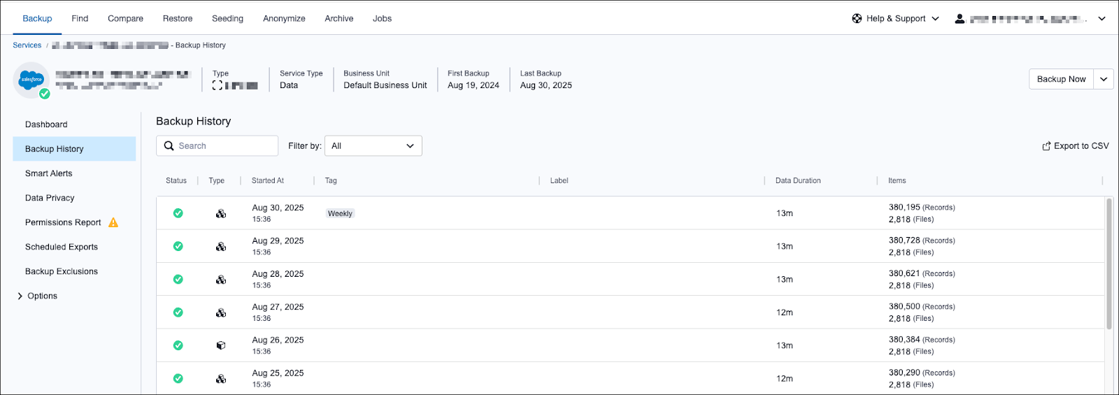 The Backup History page displaying the status of the most recent backups, including information about the type of backup, start times, duration, number of items, and size.
