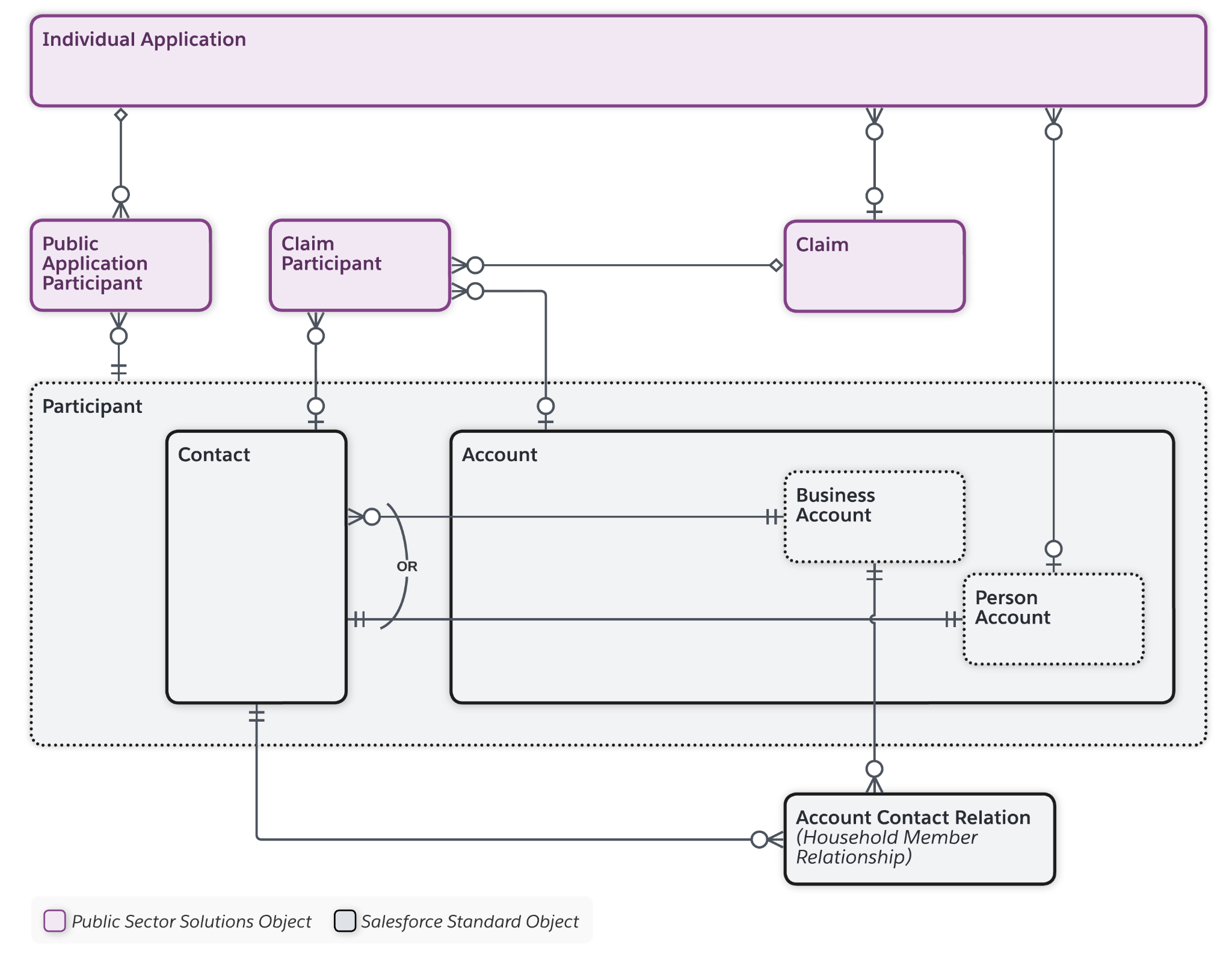 Data model diagram with participant types connecting to individual applications.