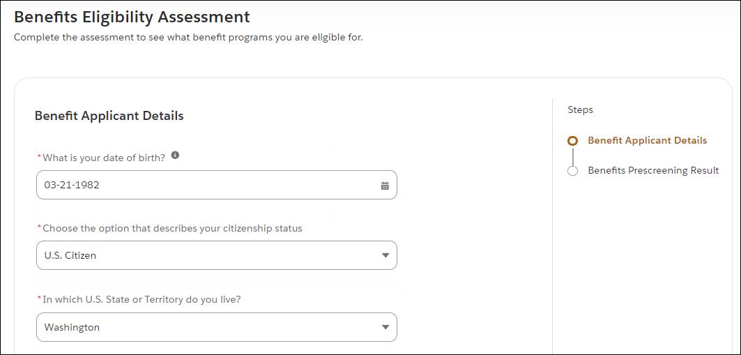 Benefit Applicant Details form on the Eligibility Prescreening Interview page of the Benefits Assistance portal.