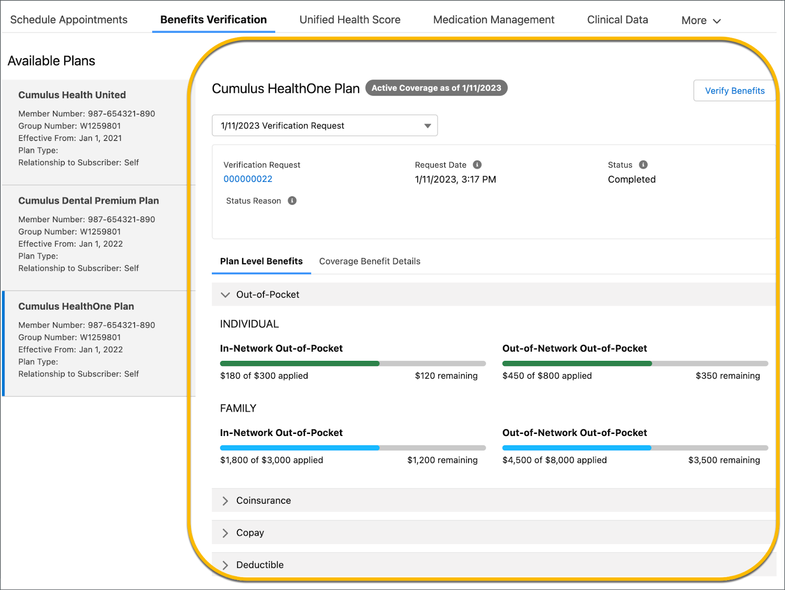 The Benefits Verification tab displays insurance coverage benefits for the selected insurance plan.