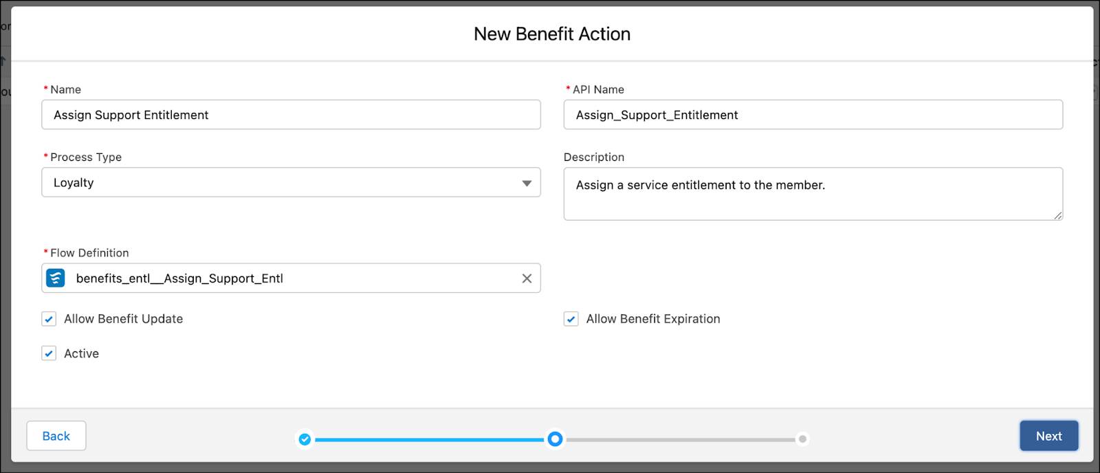 The New Benefit Action window where you review the details of the action.