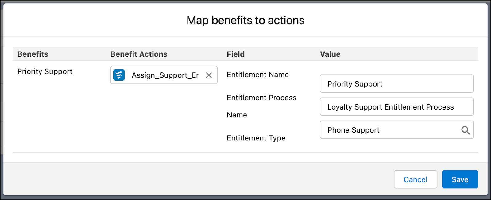 The Map benefits to actions window where you map the Benefit Actions to the benefit.