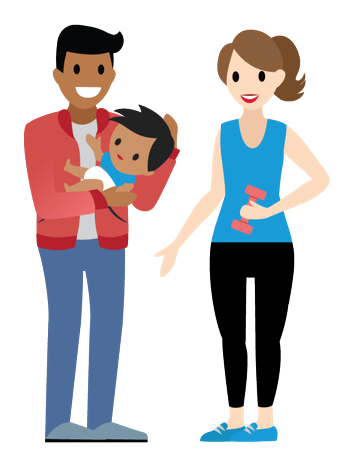 Un père porte un bébé pendant que sa compagne fait du sport