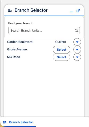 The Branch Selector includes a search bar and the option to select several recent choices.