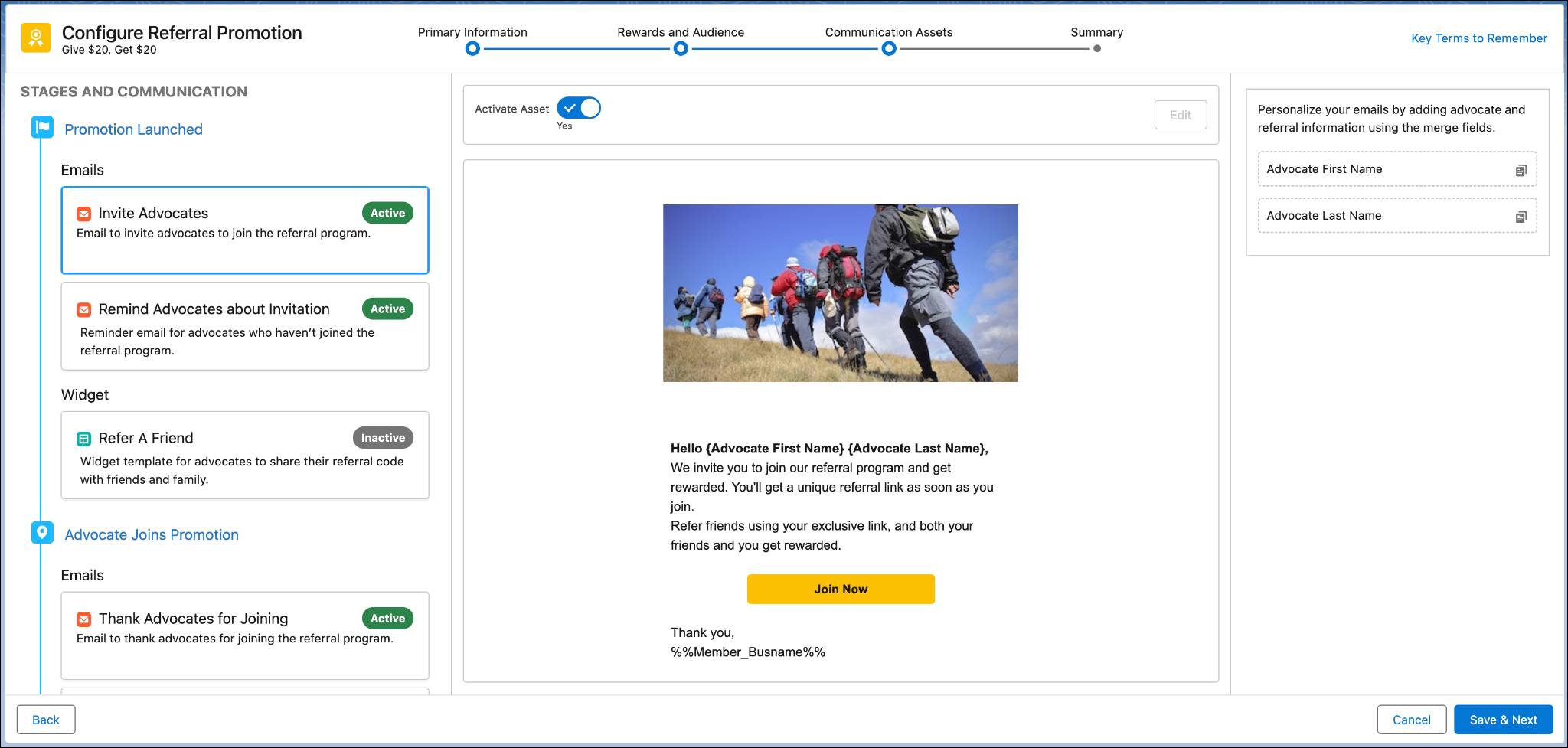 The referral promotion guided flow where you customize the promotion email templates.