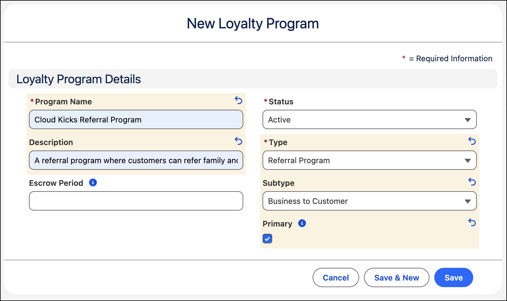 The New Loyalty Program window where you enter the referral program name and description.