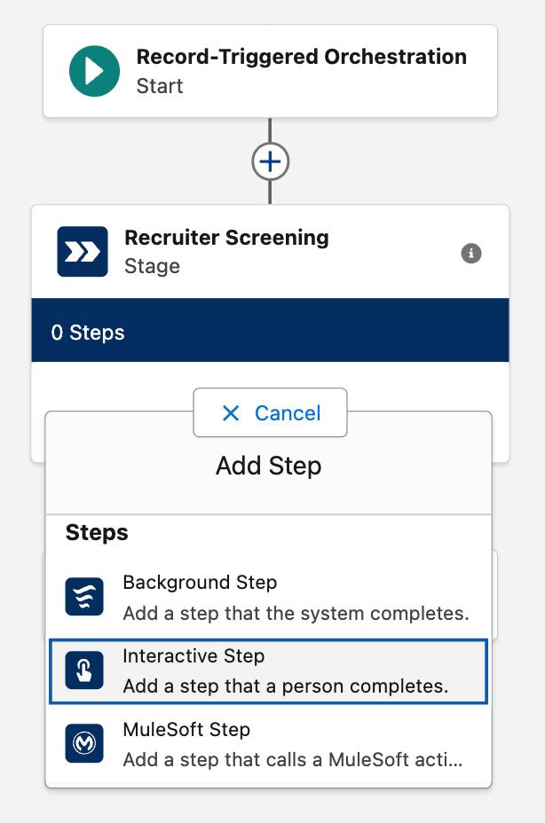 The Add Step element when clicked, shows three options 1.Background Step, 2. Interactive Step, and 3. MuleSoft Step.