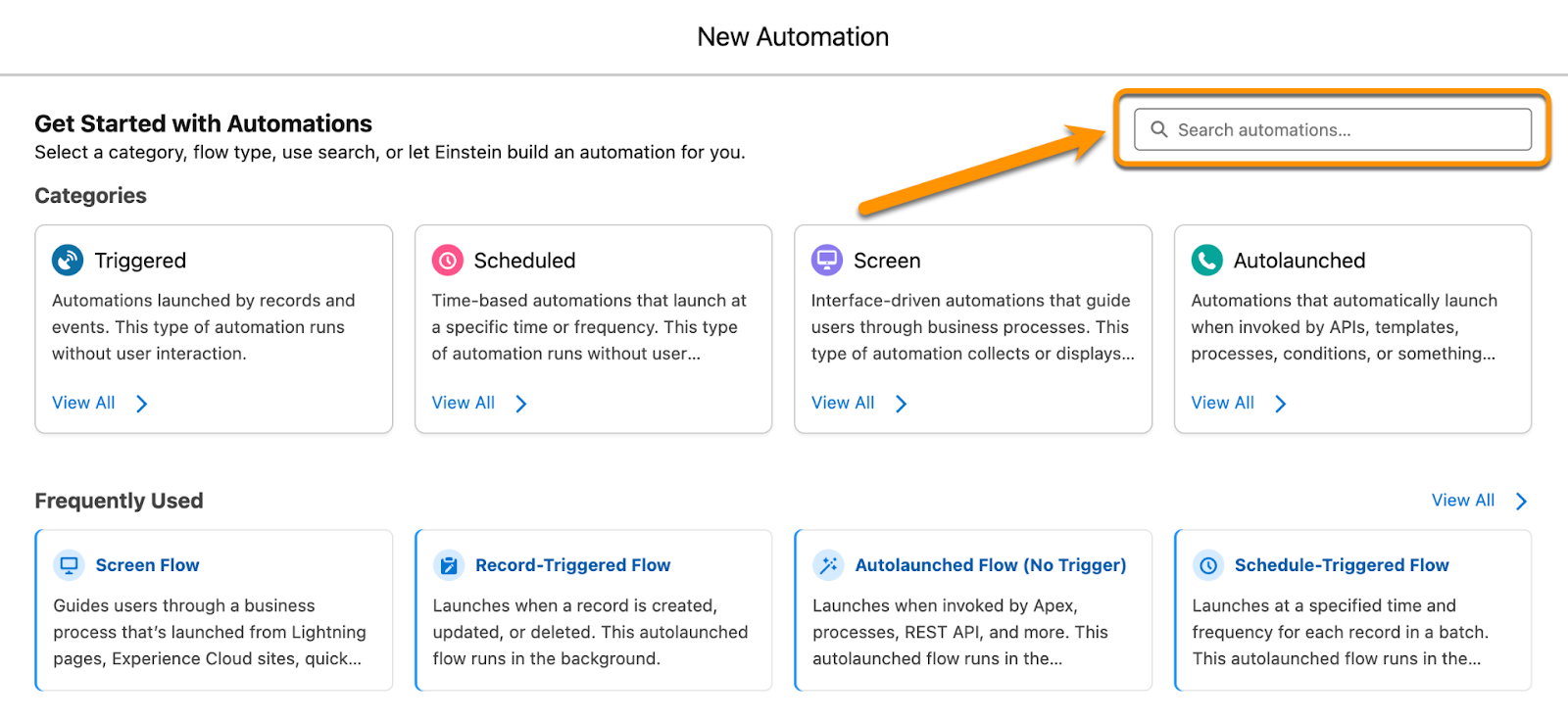 The New Automation window with the Search automations field highlighted.