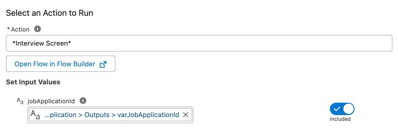 上記の情報が入力された [Action (アクション)] および [jobApplicationId] 項目。