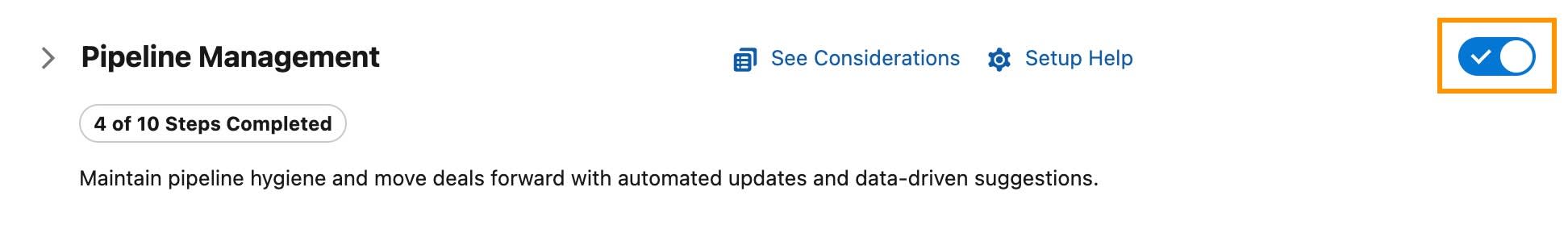 Salesforce Go setup screen with Pipeline Management toggle set to on.