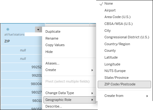 Field context menu accessed from the Data Source tab to change the Geographic Role of a field.