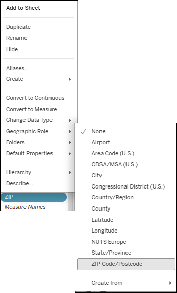 Field context menu accessed from the Data Pane on a worksheet to change the Geographic Role of a field.