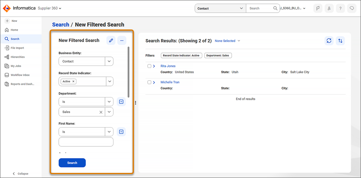 The Filtered Search page with Business Entity filter as Contact, Department filter as Sales, and Record State Indicator as Active.