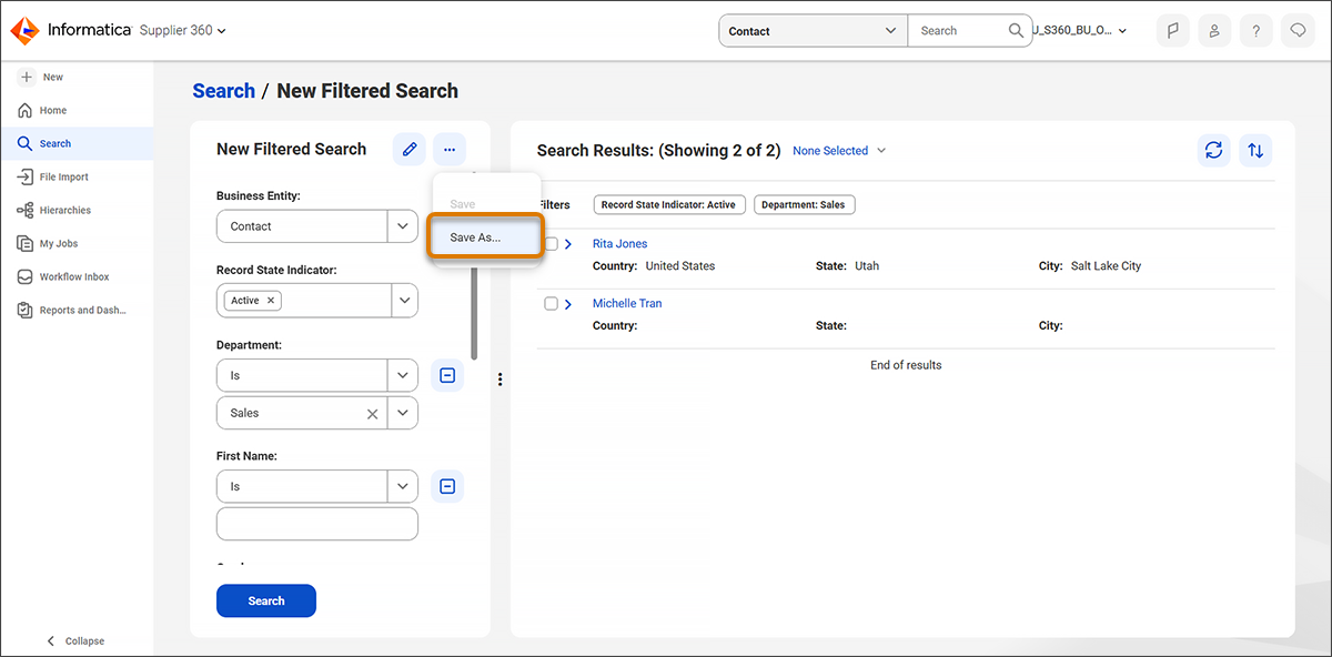 The Actions menu on a search result shows the Save As option.