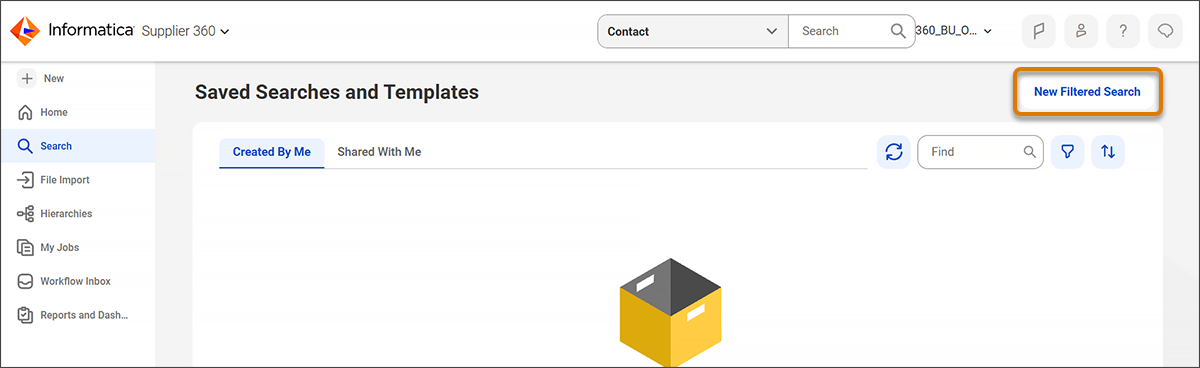The Search page with the New Filtered Search button in the navigation menu.