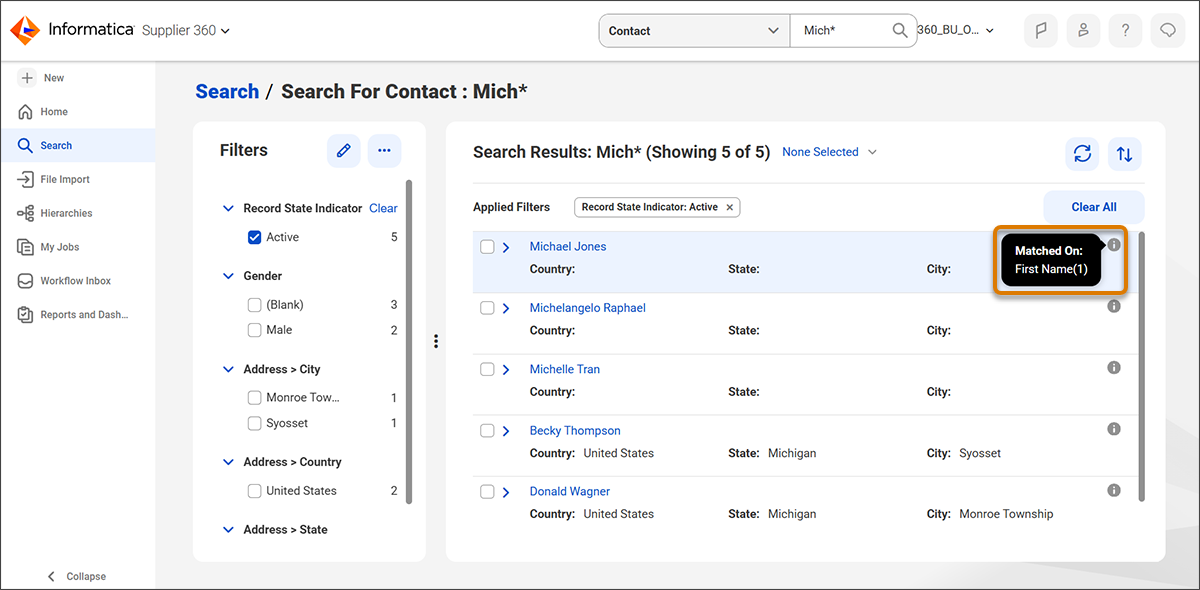 A search result for Michelle Tran shows the Matched On indicator listing Contact Name as the matched field.