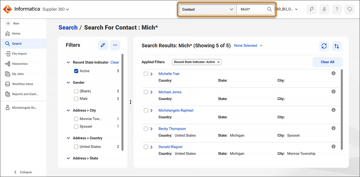 A search page with search results for Mich*.
