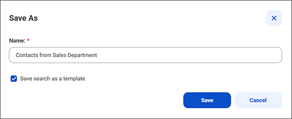 The Save As dialog box shows a unique name entered and the Save search as a template option selected.