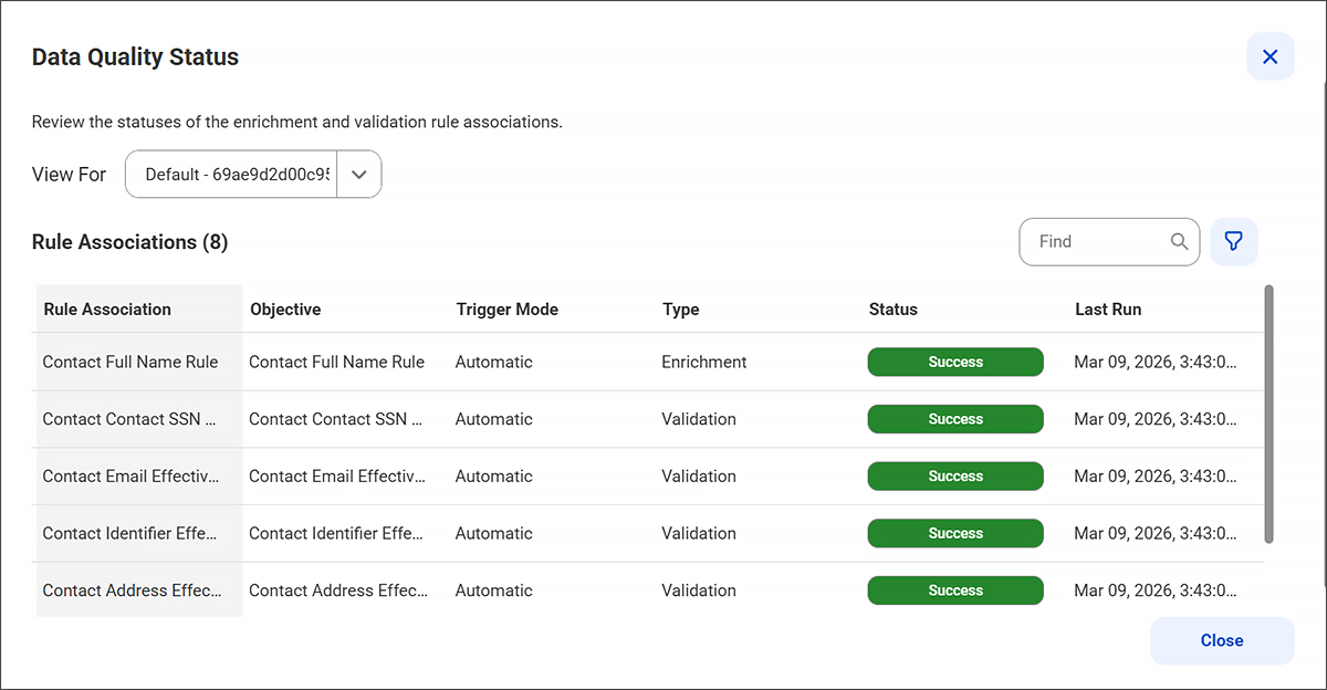 The Data Quality Status dialog box lists rule associations for a Contact record along with their statuses.