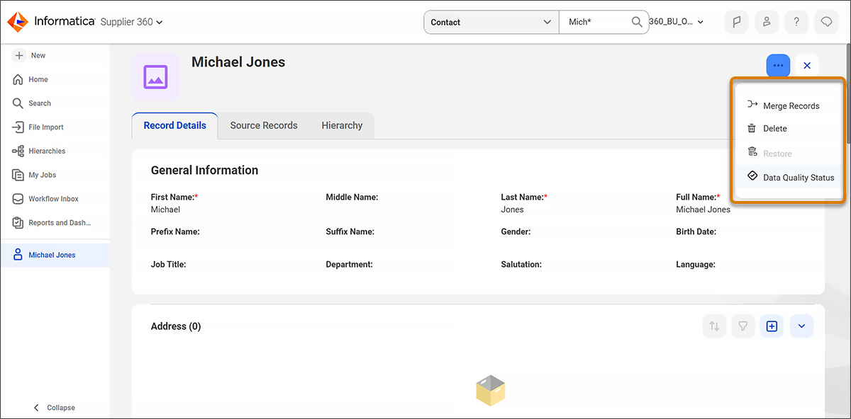The Contact entity page shows the Actions menu expanded with Data Quality Status highlighted.