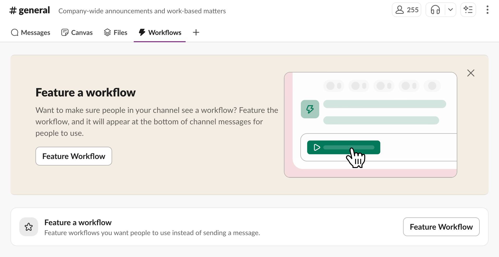 The Workflows subtab for a channel, with the Feature a workflow button visible.