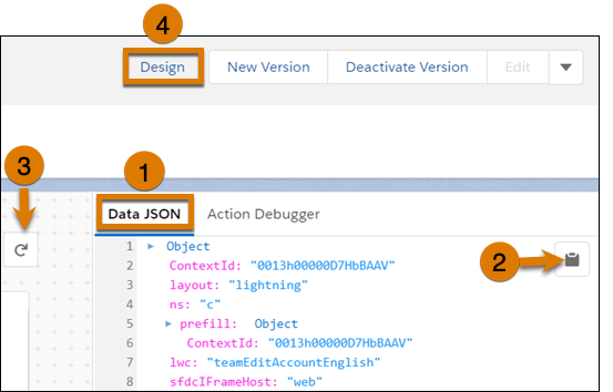 The Preview mode of an OmniScript with Data JSON, Copy, Reload, and Design icons highlighted.
