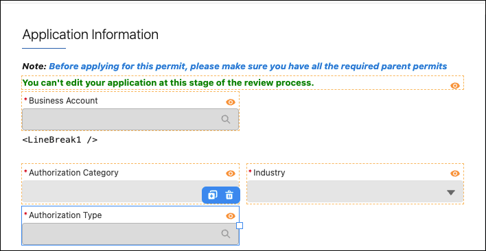 Screenshot of application information collected in OmniScript, including Authorization Category and Authorization Type