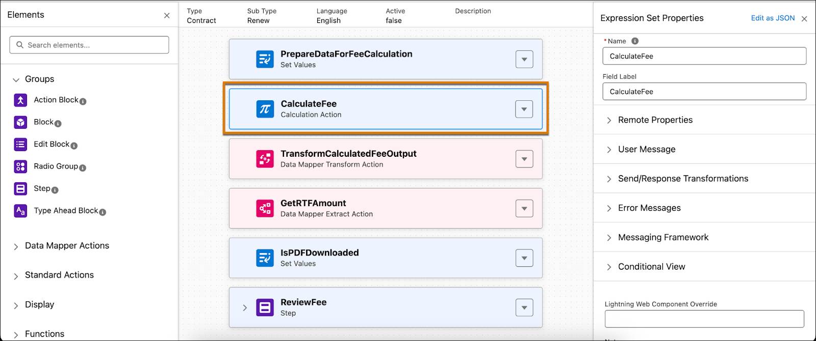 Omniscript に追加された [CalculateFee] という [Expression Set Action (式セットアクション)] のスクリーンショット