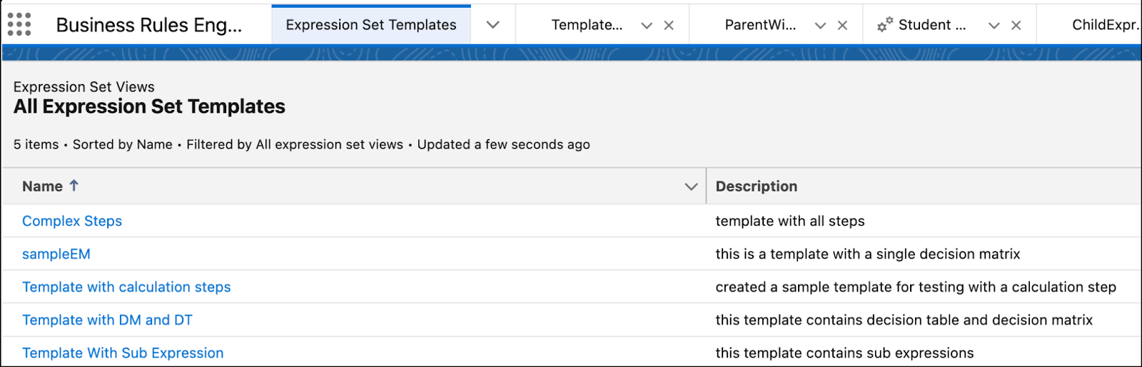 Screenshot of a list of expression set templates