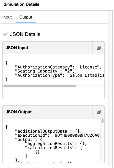 Screenshot of Input JSON and Output JSON for the application fee simulation