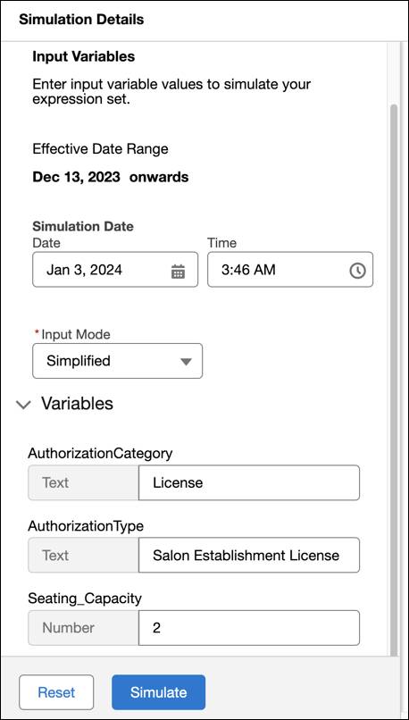 Screenshot of simulation window with input fields specified