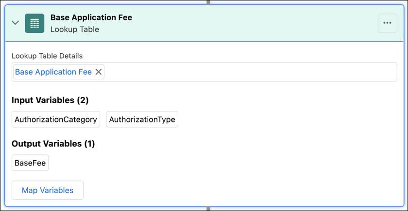 Base Application Fee matrix summary screenshot, with input and output columns listed.
