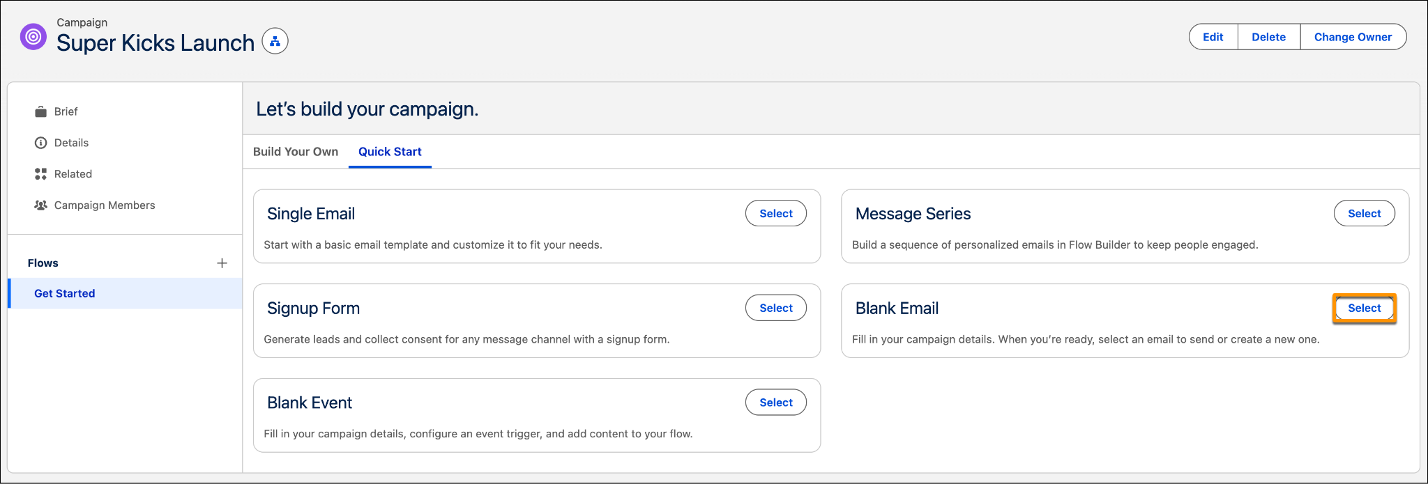The Quick Start section where you select the messaging channel.